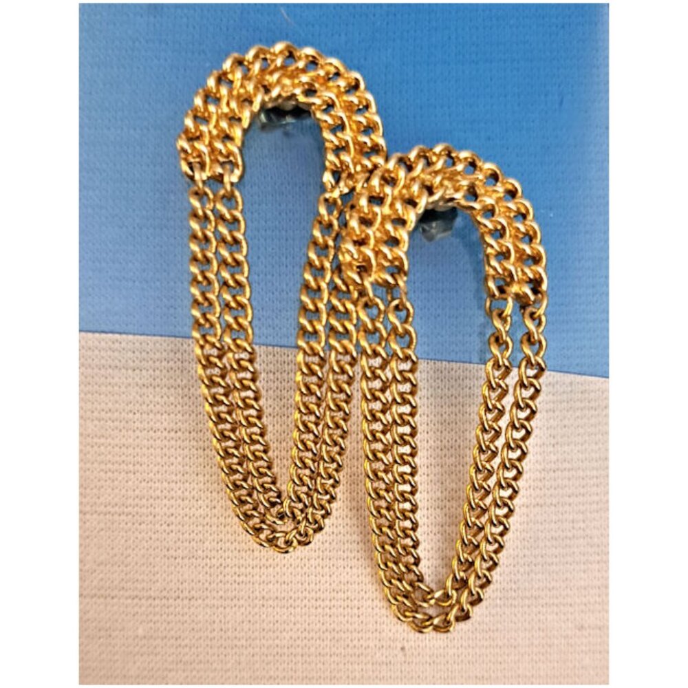 VINTAGE PIERCED EARRINGS, GOLD COLOR, SOLID TOP AND CHAINS HANGING DOWN